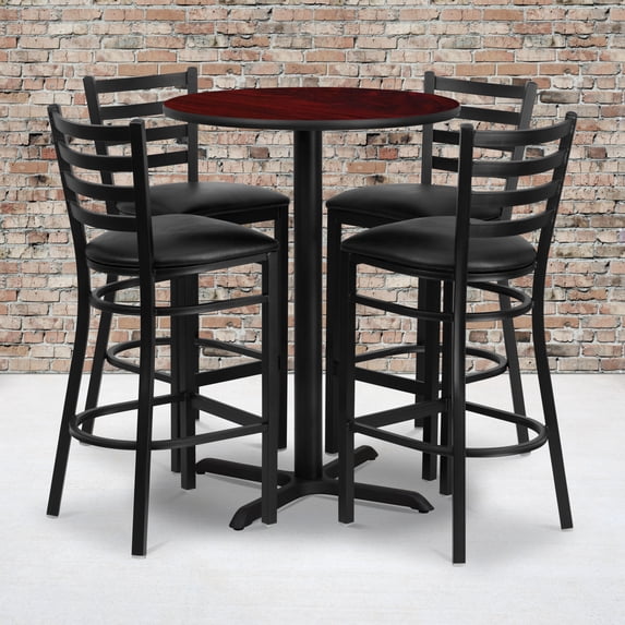 BizChair 30'' Round Mahogany Laminate Table Set with X-Base and 4 Ladder Back Metal Barstools - Black Vinyl Seat
