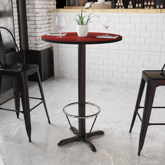 BizChair 30'' Round Mahogany Laminate Table Top with 22'' x 22'' Bar Height Table Base and Foot Ring