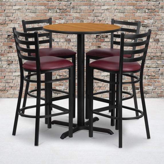 BizChair 30'' Round Natural Laminate Table Set with X-Base and 4 Ladder Back Metal Barstools - Burgundy Vinyl Seat
