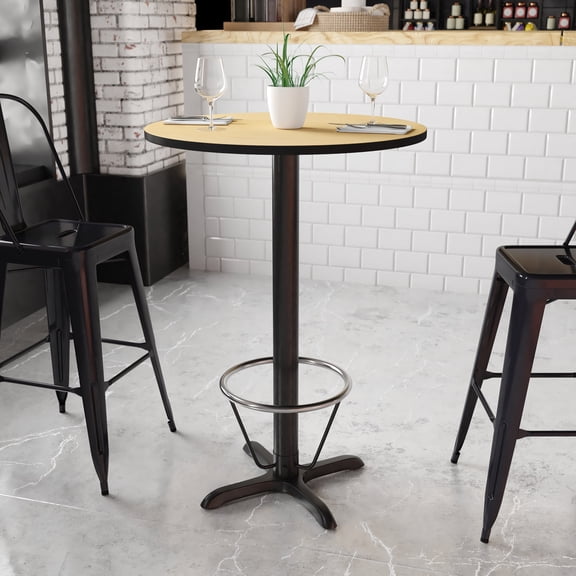 BizChair 30'' Round Natural Laminate Table Top with 22'' x 22'' Bar Height Table Base and Foot Ring