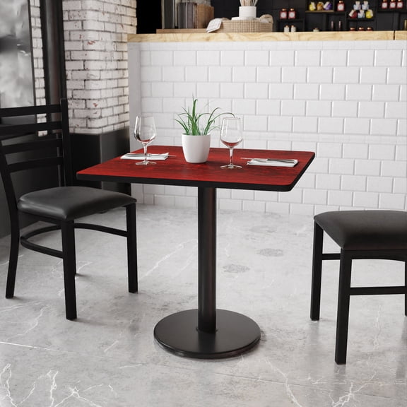 BizChair 30'' Square Mahogany Laminate Table Top with 18'' Round Table Height Base
