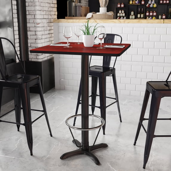BizChair 30'' Square Mahogany Laminate Table Top with 22'' x 22'' Bar Height Table Base and Foot Ring