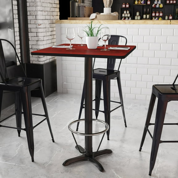BizChair 30'' Square Mahogany Laminate Table Top with 22'' x 22'' Bar Height Table Base and Foot Ring