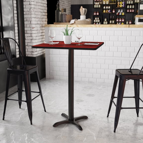 BizChair 30'' Square Mahogany Laminate Table Top with 22'' x 22'' Bar Height Table Base
