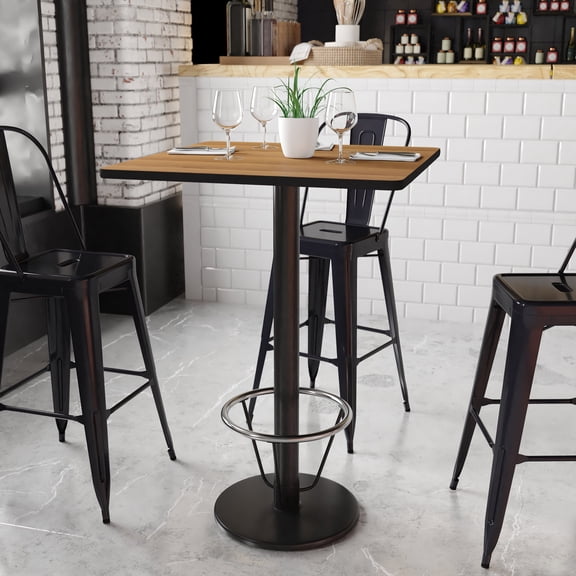 BizChair 30'' Square Walnut Laminate Table Top with 18'' Round Bar Height Table Base and Foot Ring