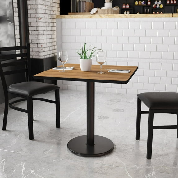 BizChair 30'' Square Walnut Laminate Table Top with 18'' Round Table Height Base