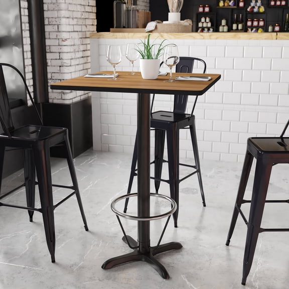 BizChair 30'' Square Walnut Laminate Table Top with 22'' x 22'' Bar Height Table Base and Foot Ring