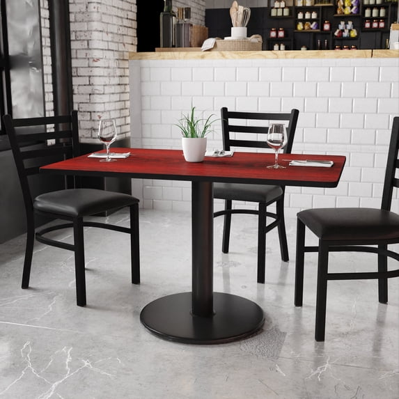 BizChair 30'' x 48'' Rectangular Mahogany Laminate Table Top with 24'' Round Table Height Base