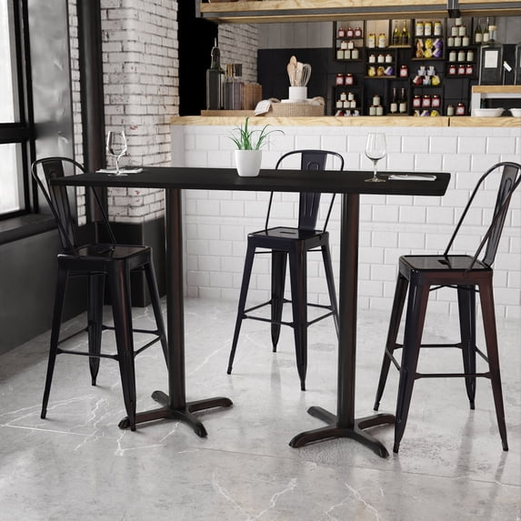 BizChair 30'' x 60'' Rectangular Black Laminate Table Top with 22'' x 22'' Bar Height Table Bases