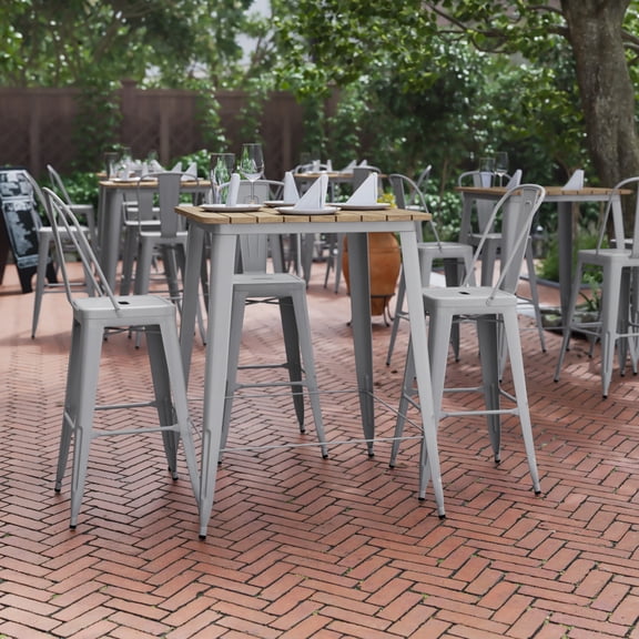 BizChair 31.5" Square Commercial Patio Bar Table with All-Weather Poly Resin Top, Brown/Silver