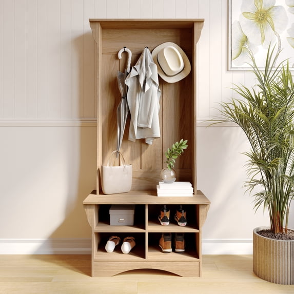 BizChair 31.5" Wide Hall Tree with Bench, 3 Single Storage Hooks, and 4 Lower Storage Cubbies with Adjustable Shelves in Weathered Wood