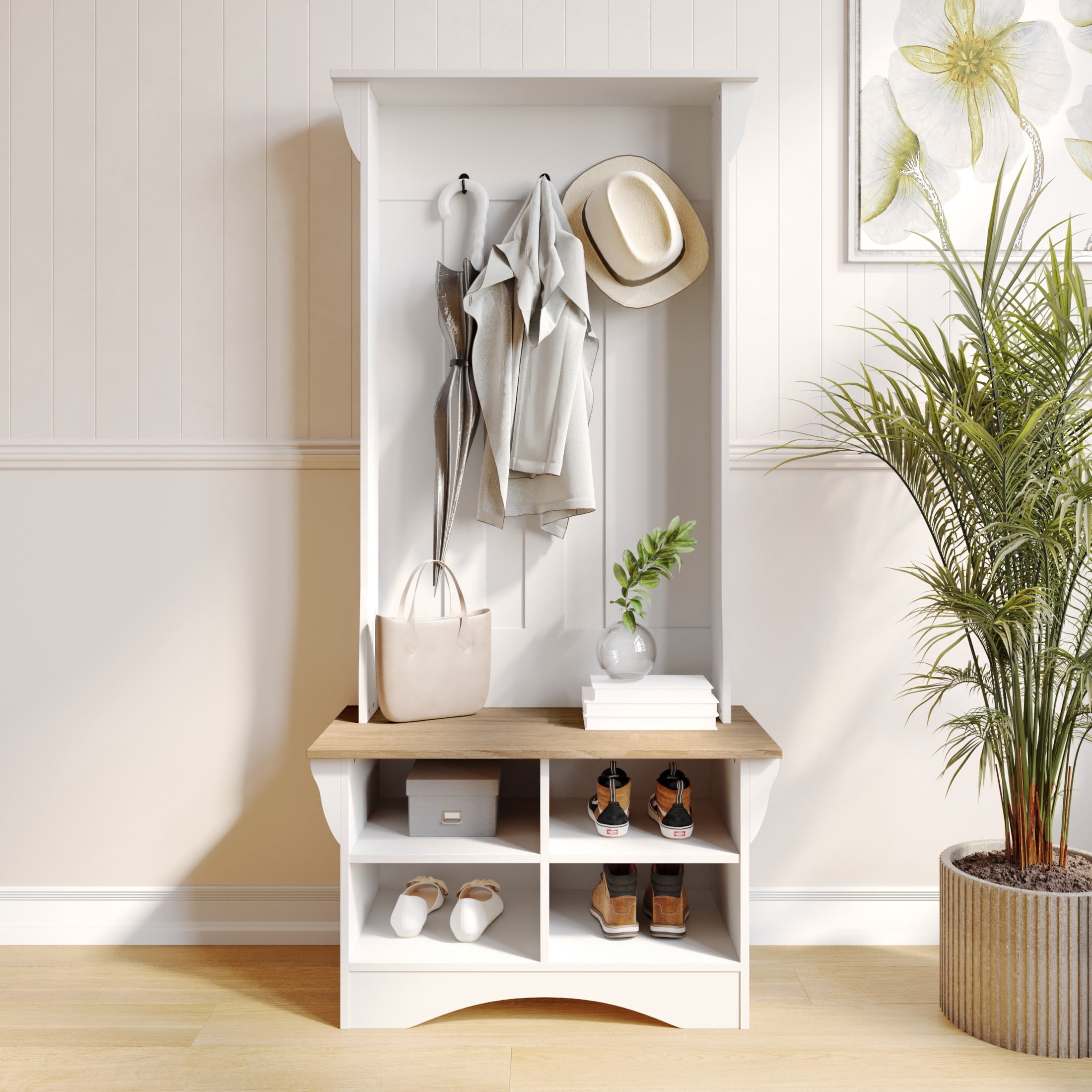 BizChair 31.5" Wide Hall Tree with Bench, 3 Single Storage Hooks, and 4 ...