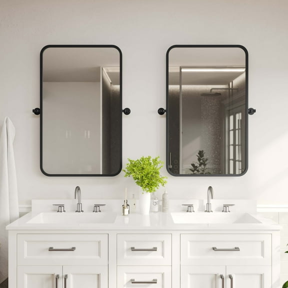 BizChair 35" x 27" Metal Pivot Wall Mirror - Large Accent Vanity Mirror for Bathroom in Black