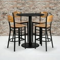 thumbnail image 1 of BizChair 36'' Round Black Laminate Table Set with 4 Wood Slat Back Metal Barstools - Natural Wood Seat, 1 of 2