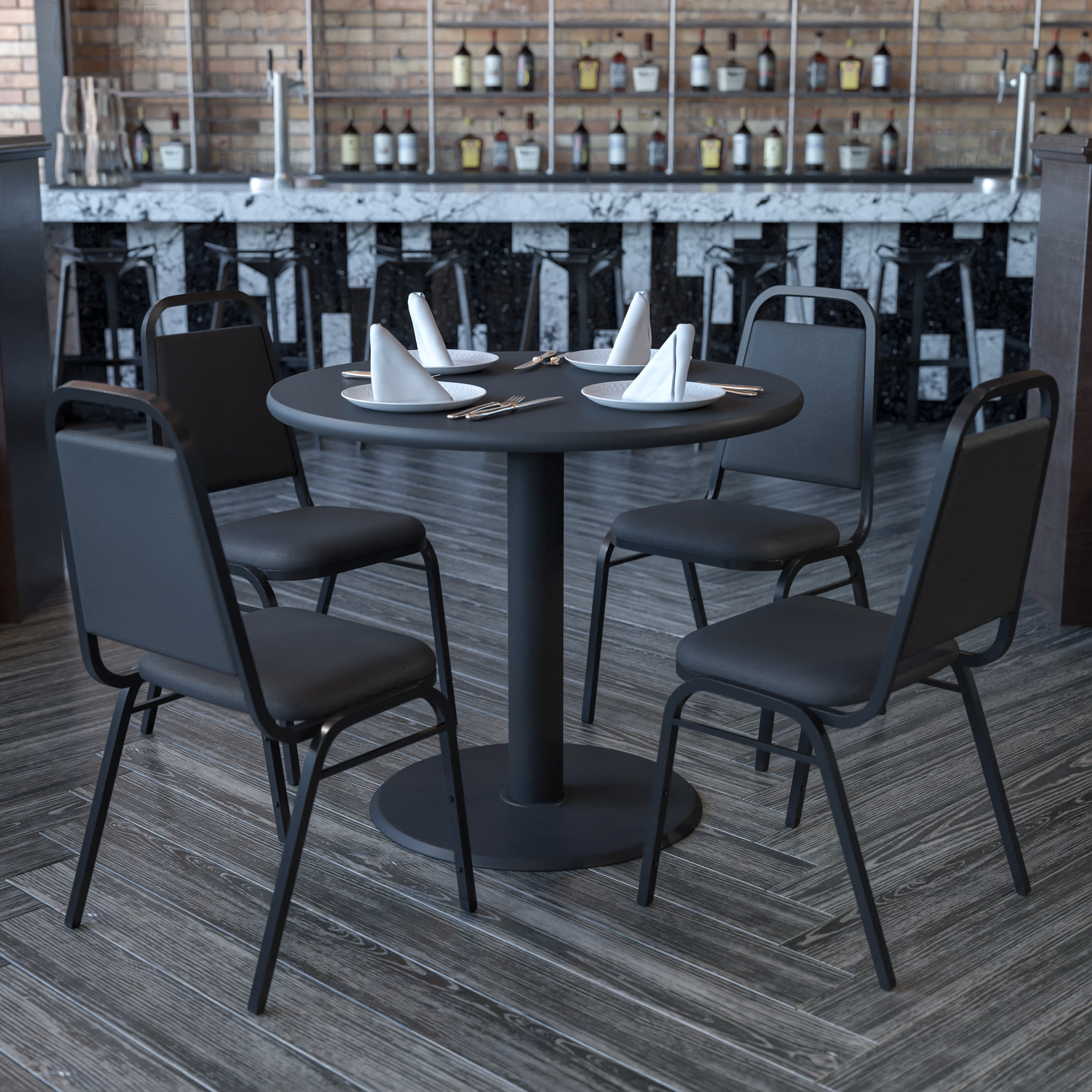 36'' Round Laminate Table Set with 4 Grid Back Metal Chairs