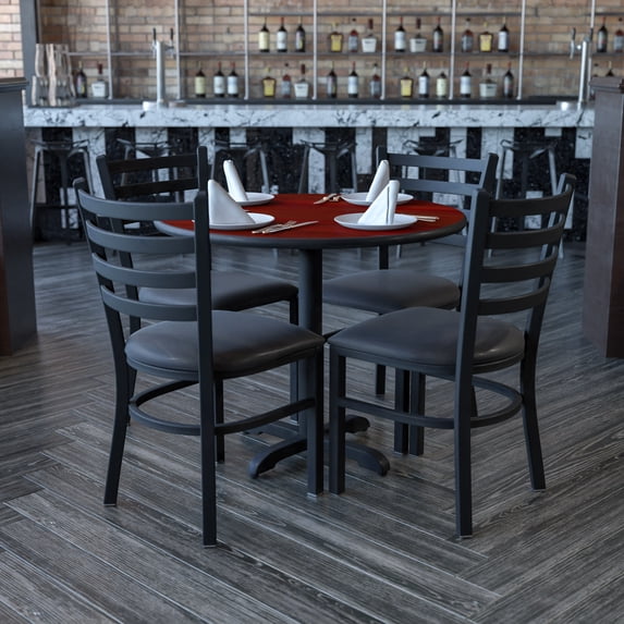 BizChair 36'' Round Black Laminate Table Set with X-Base and 4 Ladder Back Metal Chairs - Black Vinyl Seat