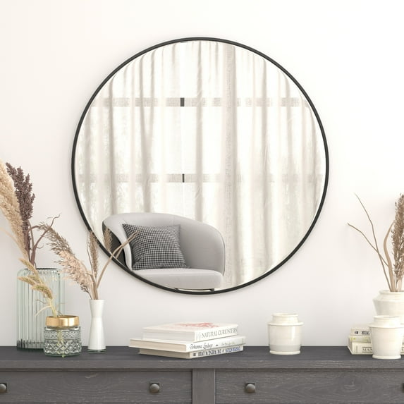 BizChair 36" Round Black Metal Framed Wall Mirror - Large Accent Mirror for Bathroom, Vanity, Entryway, Dining Room, & Living Room