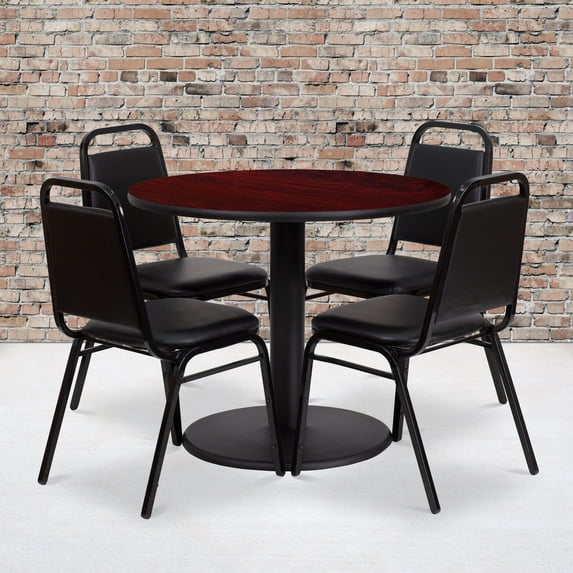 BizChair 36'' Round Mahogany Laminate Table Set with Round Base and 4 Black Trapezoidal Back Banquet Chairs
