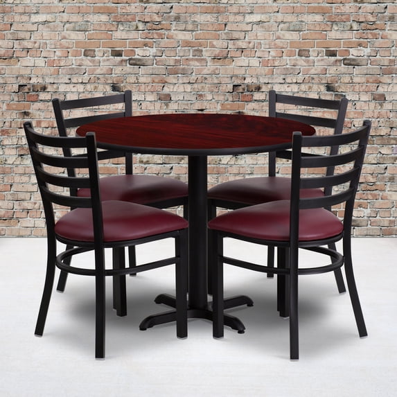 BizChair 36'' Round Mahogany Laminate Table Set with X-Base and 4 Ladder Back Metal Chairs - Burgundy Vinyl Seat