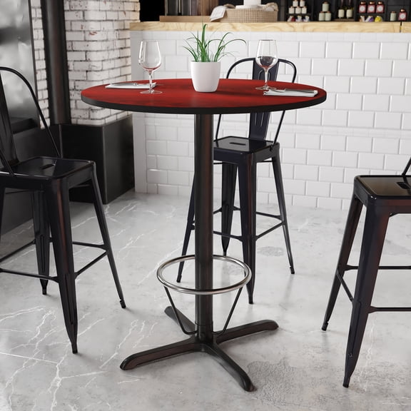 BizChair 36'' Round Mahogany Laminate Table Top with 30'' x 30'' Bar Height Table Base and Foot Ring