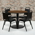 thumbnail image 1 of BizChair 36'' Round Walnut Laminate Table Set with Round Base and 4 Black Trapezoidal Back Banquet Chairs, 1 of 3