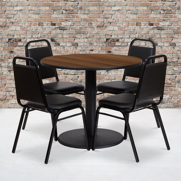 BizChair 36'' Round Walnut Laminate Table Set with Round Base and 4 Black Trapezoidal Back Banquet Chairs