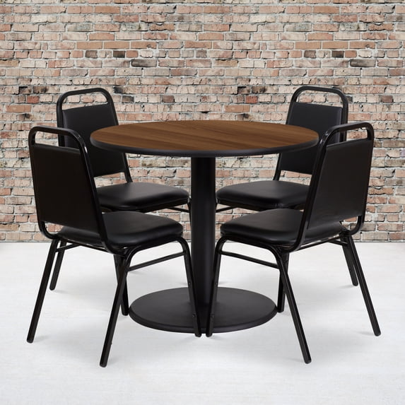 BizChair 36'' Round Walnut Laminate Table Set with Round Base and 4 Black Trapezoidal Back Banquet Chairs