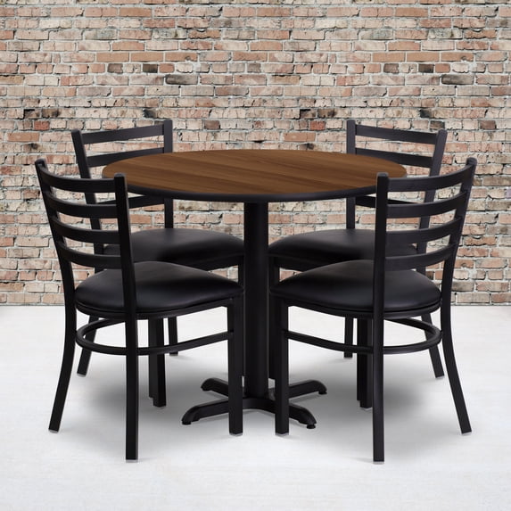 36'' Round Laminate Table Set with Round Base and 4 Ladder Back Metal Chairs