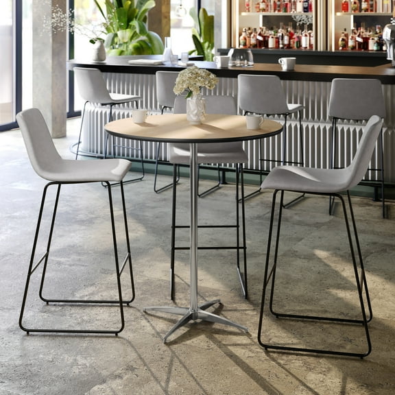 BizChair Lars 36'' Round Wood Cocktail Table with Adjustable 30'' and 42'' Columns, Natural