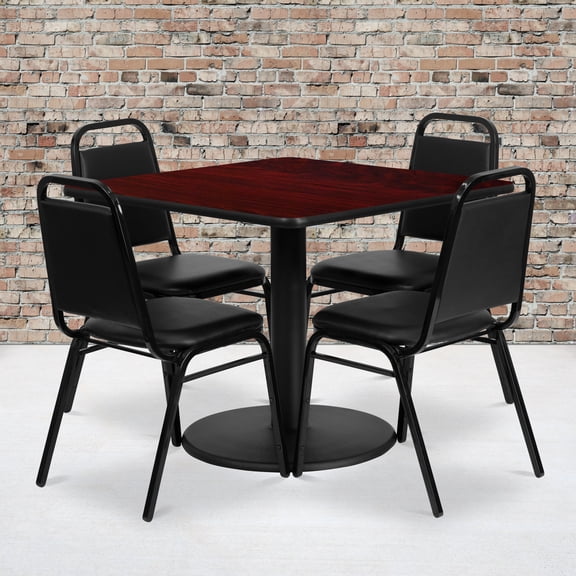 BizChair 36'' Square Mahogany Laminate Table Set with Round Base and 4 Black Trapezoidal Back Banquet Chairs