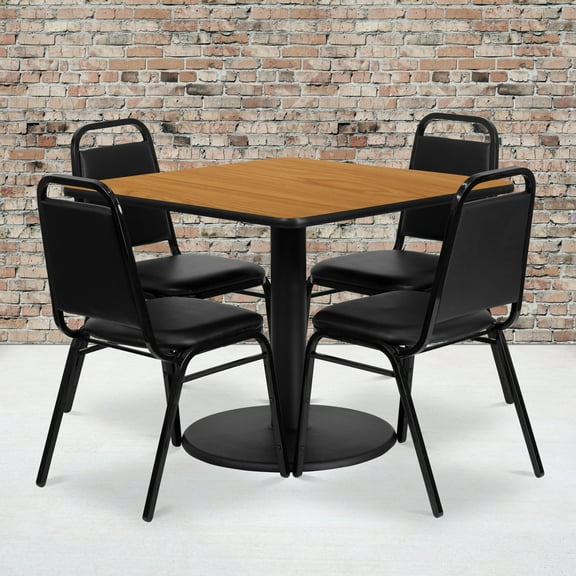 BizChair 36'' Square Natural Laminate Table Set with Round Base and 4 Black Trapezoidal Back Banquet Chairs