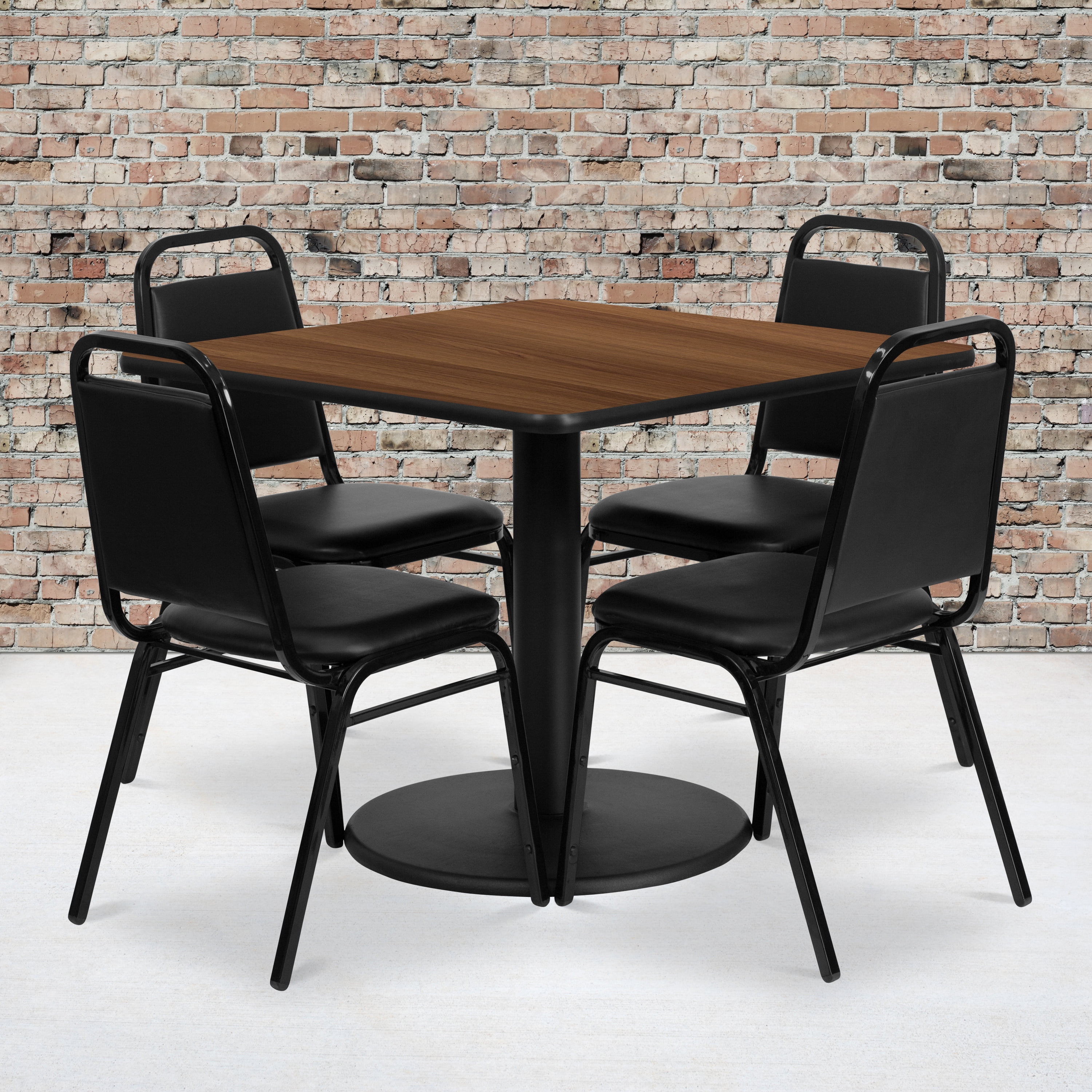 36'' Square Walnut Laminate Table with 4 Black Banquet Chairs