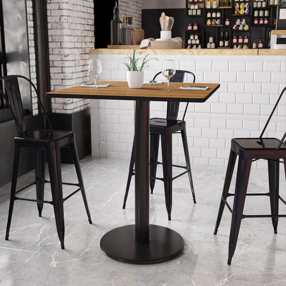 BizChair 36'' Square Walnut Laminate Table Top with 24'' Round Bar Height Table Base