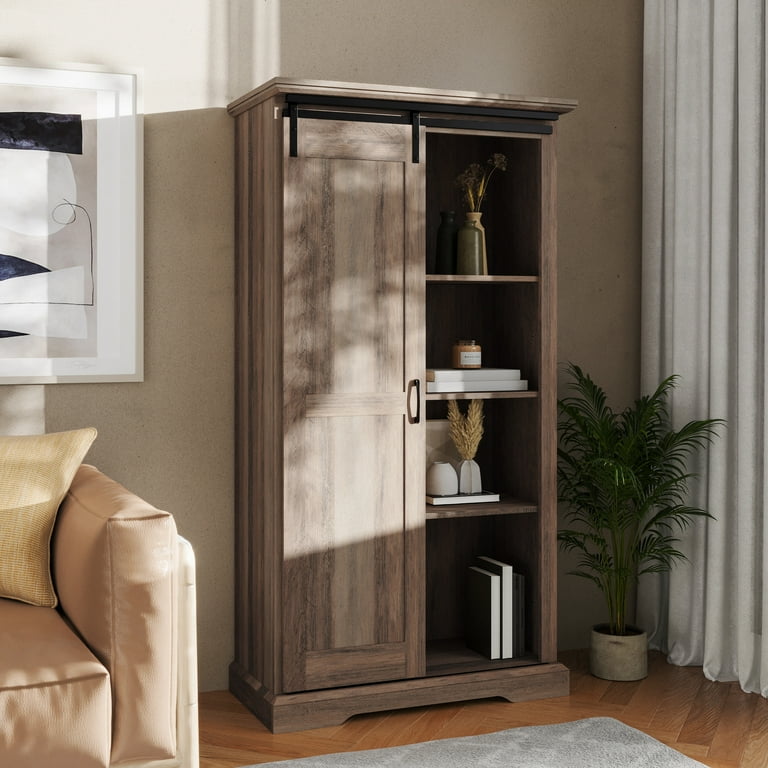 Bizchair 36 Wide Rustic Farmhouse Storage Cabinet Bookcase with Sliding Barn Door and 4 Adjustable and 2 Fixed Shelves in Graywash