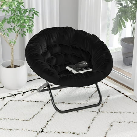 BizChair 38" Oversize Portable Faux Fur Folding Saucer Moon Chair for Dorm and Bedroom, Black Faux Fur/Black Frame