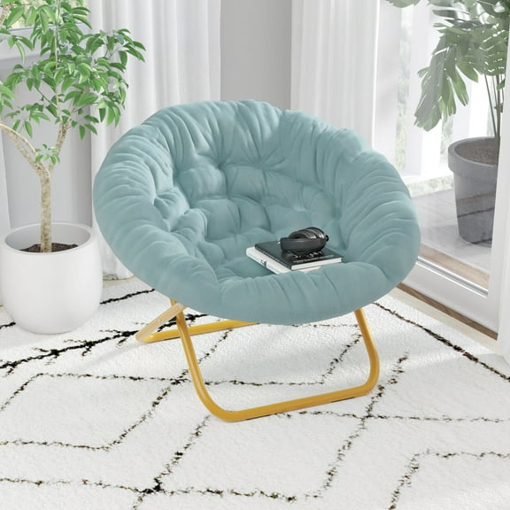 BizChair 38" Oversize Portable Faux Fur Folding Saucer Moon Chair for Dorm and Bedroom, Dusty Aqua Faux Fur/Soft Gold Frame