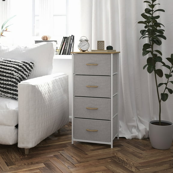 BizChair 4 Drawer Vertical Storage Dresser with White Cast Iron Frame, Oak Wood Top and Beige Easy Pull Fabric Drawers with Natural Wooden Handles