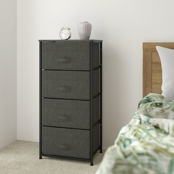 BizChair 4 Drawer Wood Top Black Cast Iron Frame Vertical Storage Dresser with Dark Gray Easy Pull Fabric Drawers