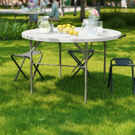 BizChair 4-Foot Round Bi-Fold Granite White Plastic Banquet and Event Folding Table with Carrying Handle