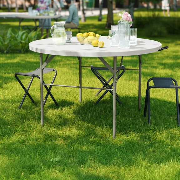 BizChair 4-Foot Round Bi-Fold Granite White Plastic Banquet and Event Folding Table with Carrying Handle