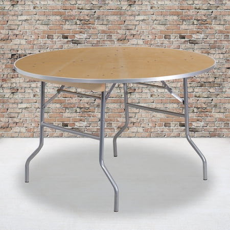 BizChair 4-Foot Round HEAVY DUTY Birchwood Folding Banquet Table with METAL Edges