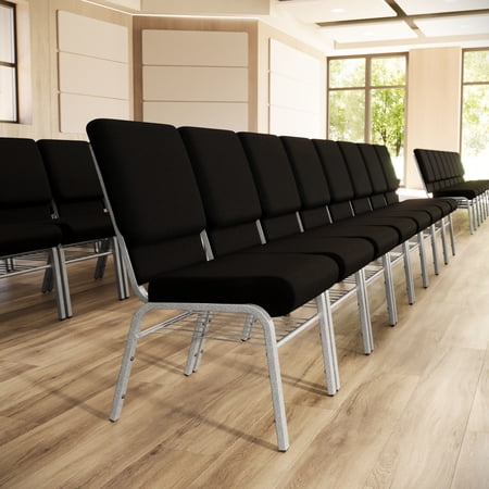 BizChair 4 Pack 18.5''W Church Chair in Black Fabric with Book Rack - Silver Vein Frame