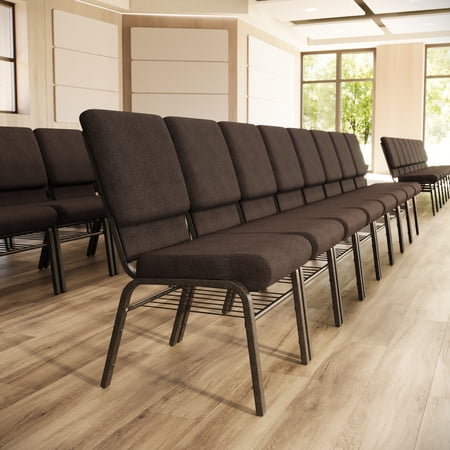 BizChair 4 Pack 18.5''W Church Chair in Brown Fabric with Book Rack - Gold Vein Frame