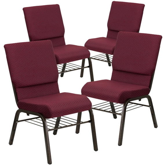 BizChair 4 Pack 18.5''W Church Chair in Burgundy Patterned Fabric with Book Rack - Gold Vein Frame