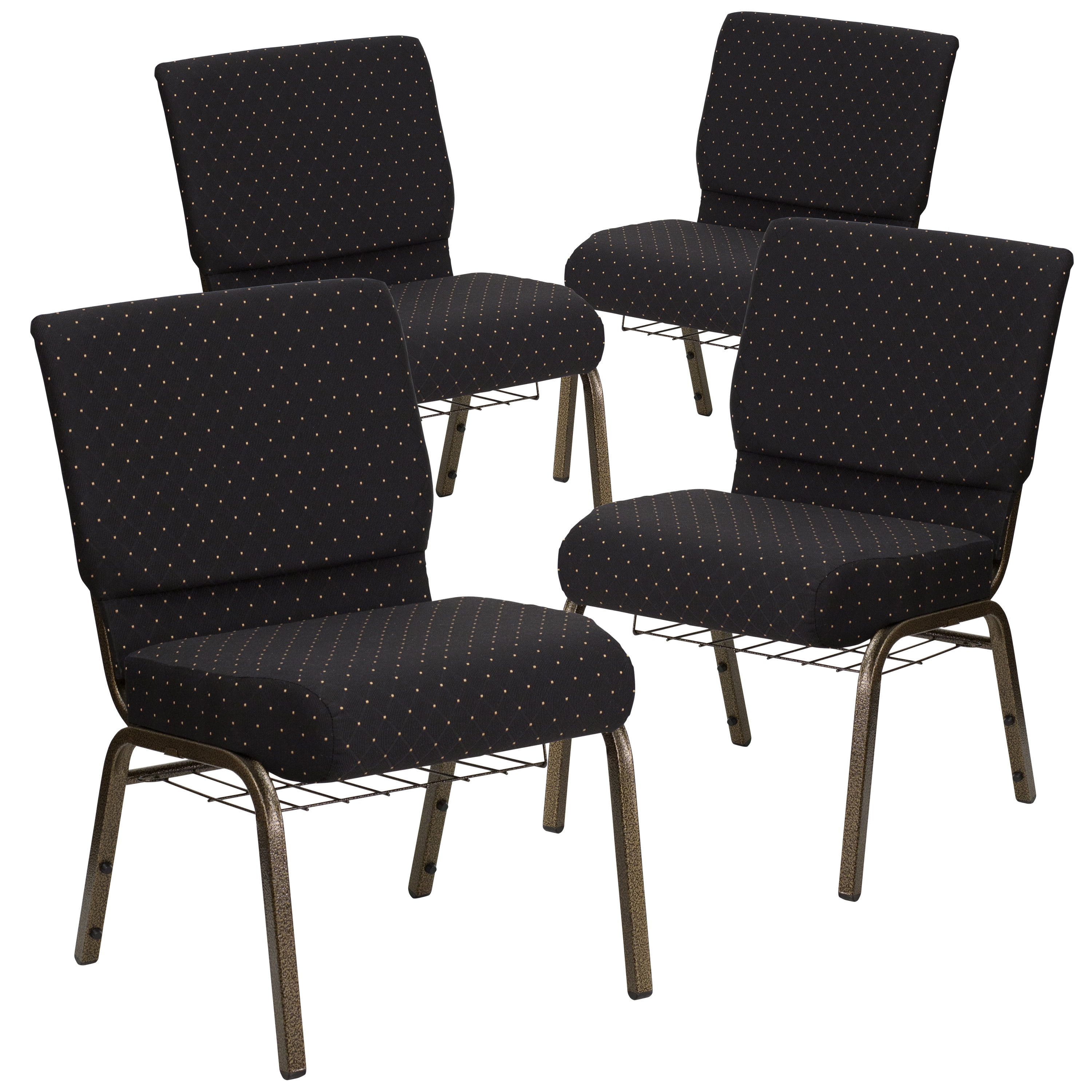 BizChair 4 Pack 21''W Church Chair in Black Dot Patterned Fabric with Cup Book Rack Gold Vein