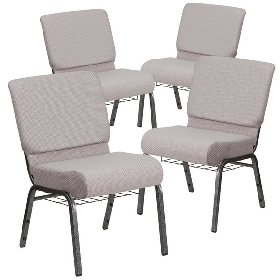 BizChair 4 Pack 21''W Church Chair in Gray Dot Fabric with Book Rack - Silver Vein Frame