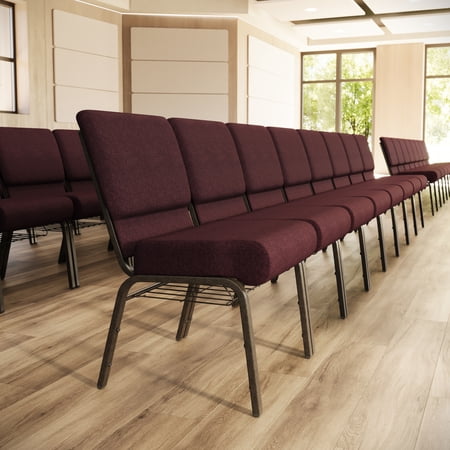 BizChair 4 Pack 21''W Church Chair in Plum Fabric with Cup Book Rack - Gold Vein Frame