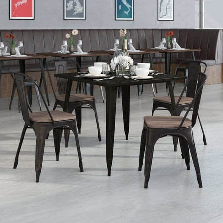 BizChair 4 Pack Black-Antique Gold Metal Stackable Chair with Wood Seat