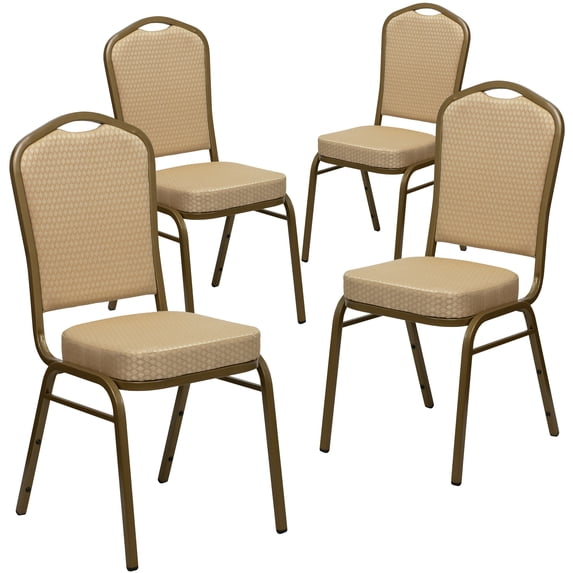 BizChair 4 Pack Crown Back Stacking Banquet Chair in Beige Patterned Fabric - Gold Frame