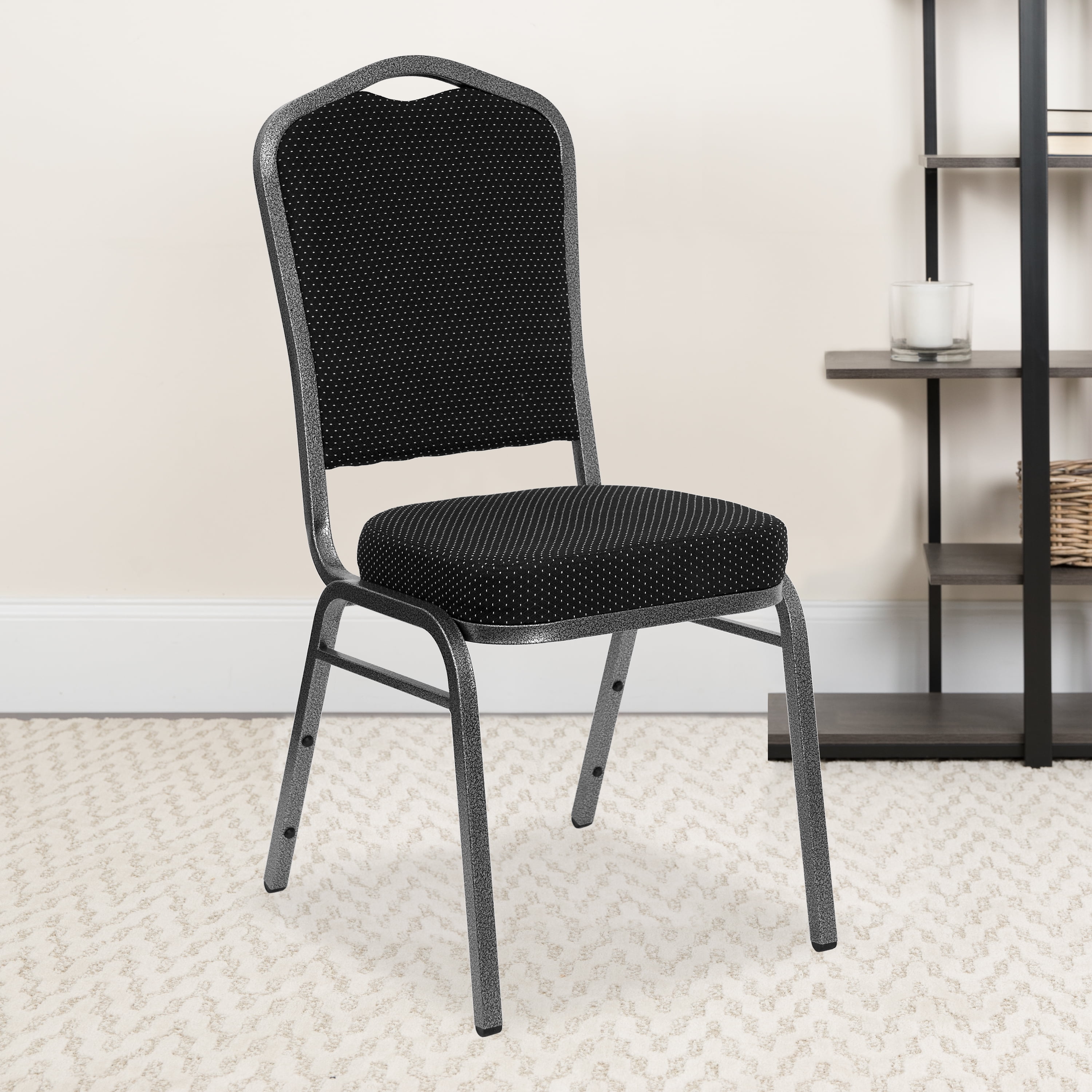 Elegant Crown Back Black Fabric Side Chair with Silver Metal Frame